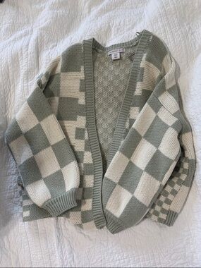Sincerely Jules Sage & Cream Checked Open-Front Cardigan